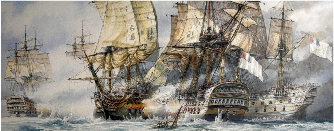 The Battle of the Glorious 1st June 1794. HMS Marlborough, with the Light Company 25th Regiment of Foot onboard, heavily engaged crossing the bow of the French ship.